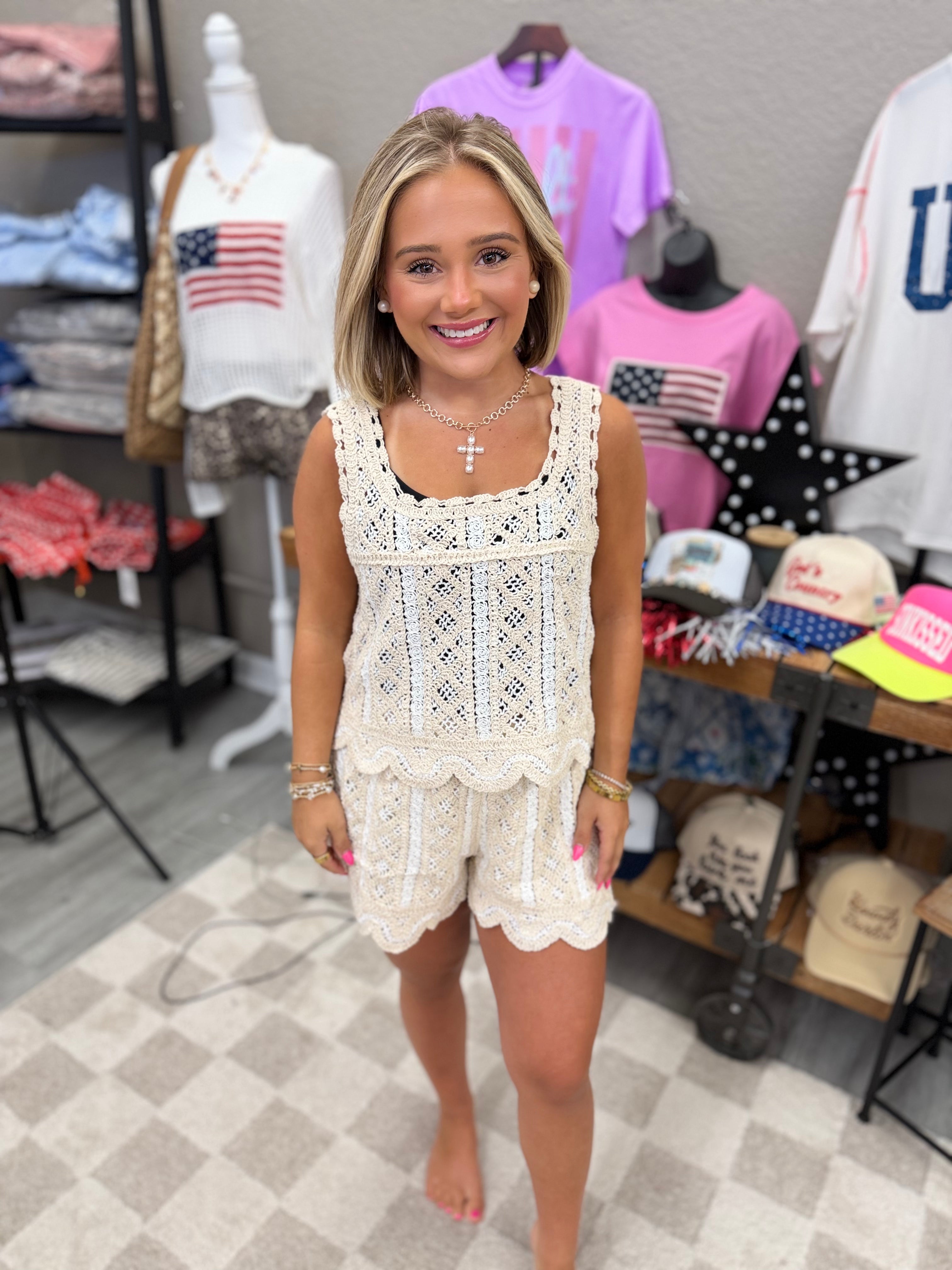 Sleeveless Crochet Top And Shorts Set