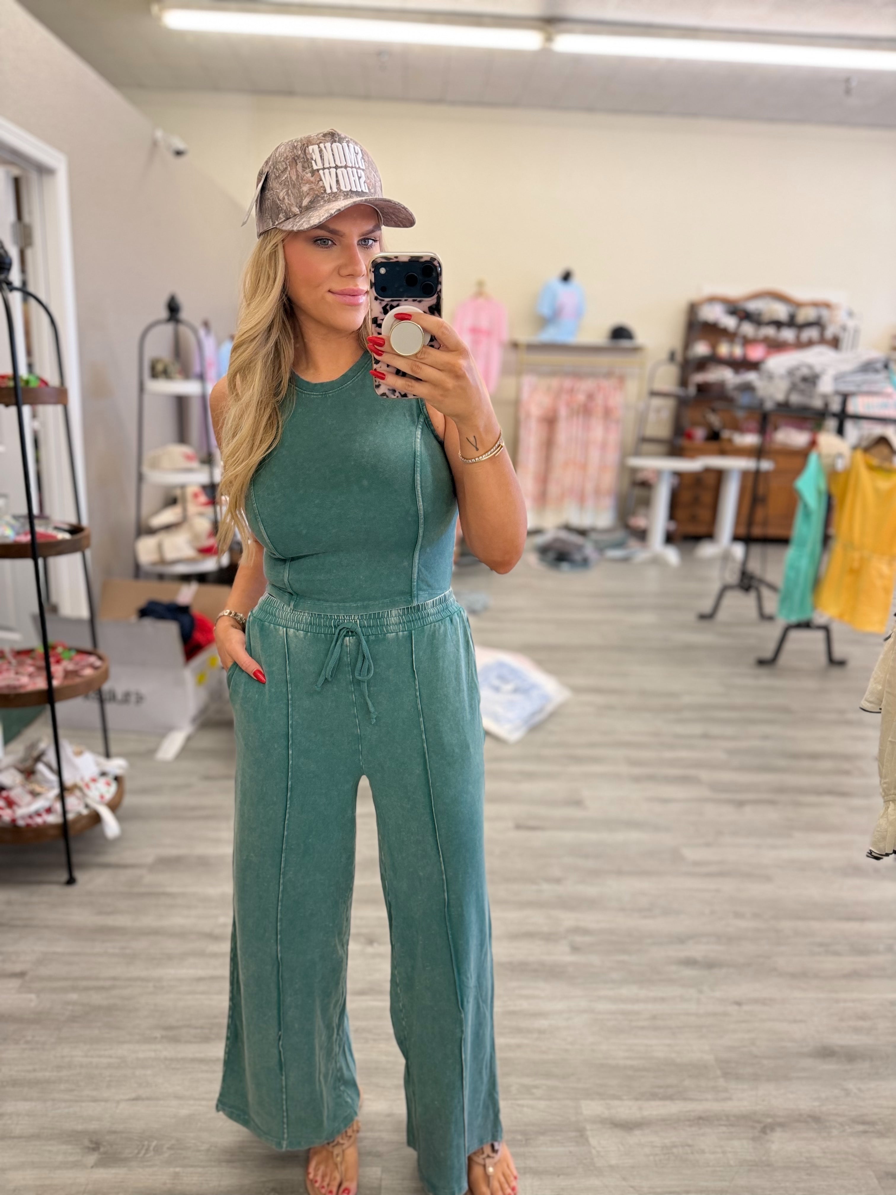 Mineral Washed Sleeveless Top & Wide Leg Pants Set