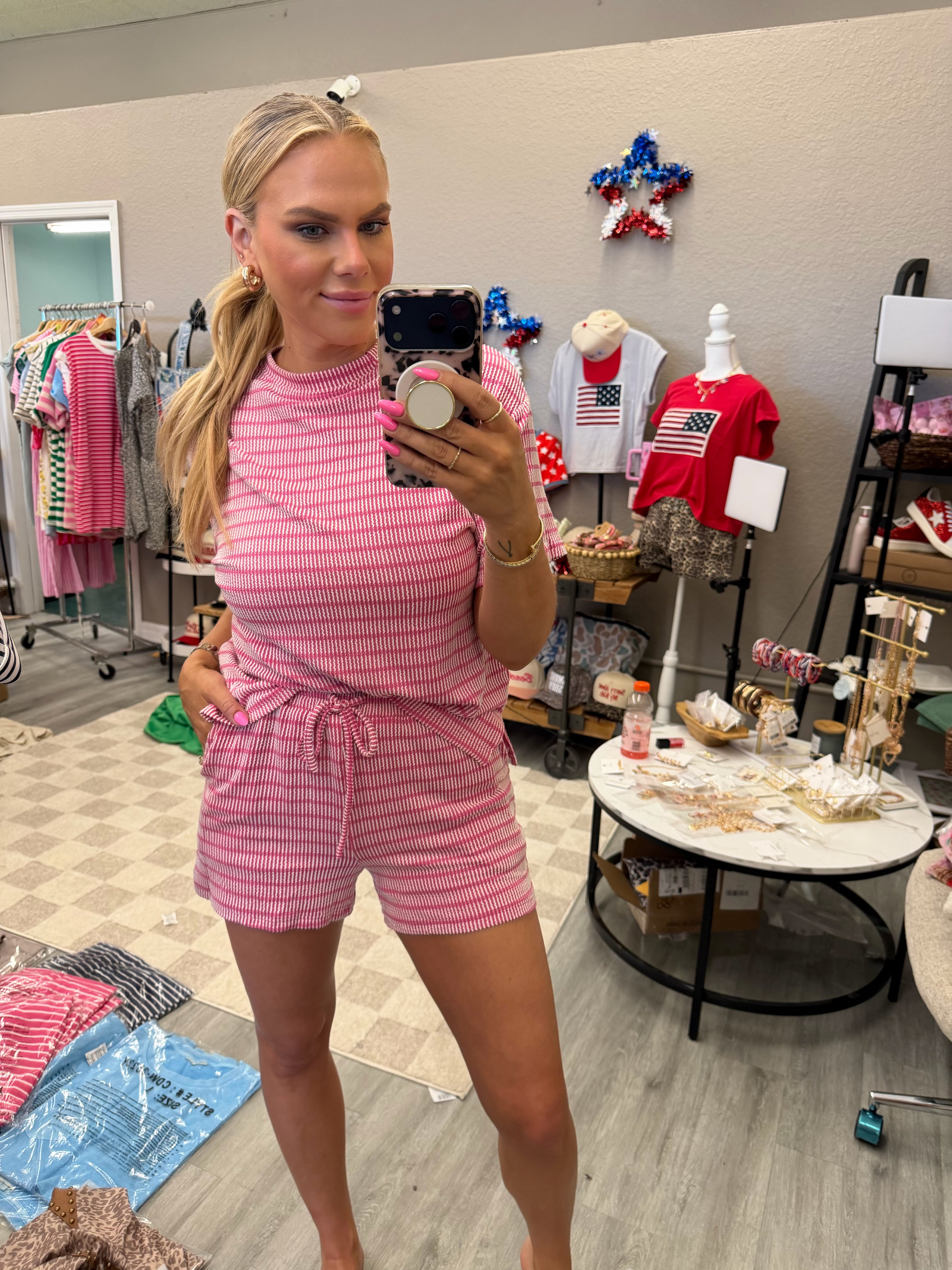 LAS Stripe Raised Rib Tee Drawstring 2pcs Short Set (S-XL)