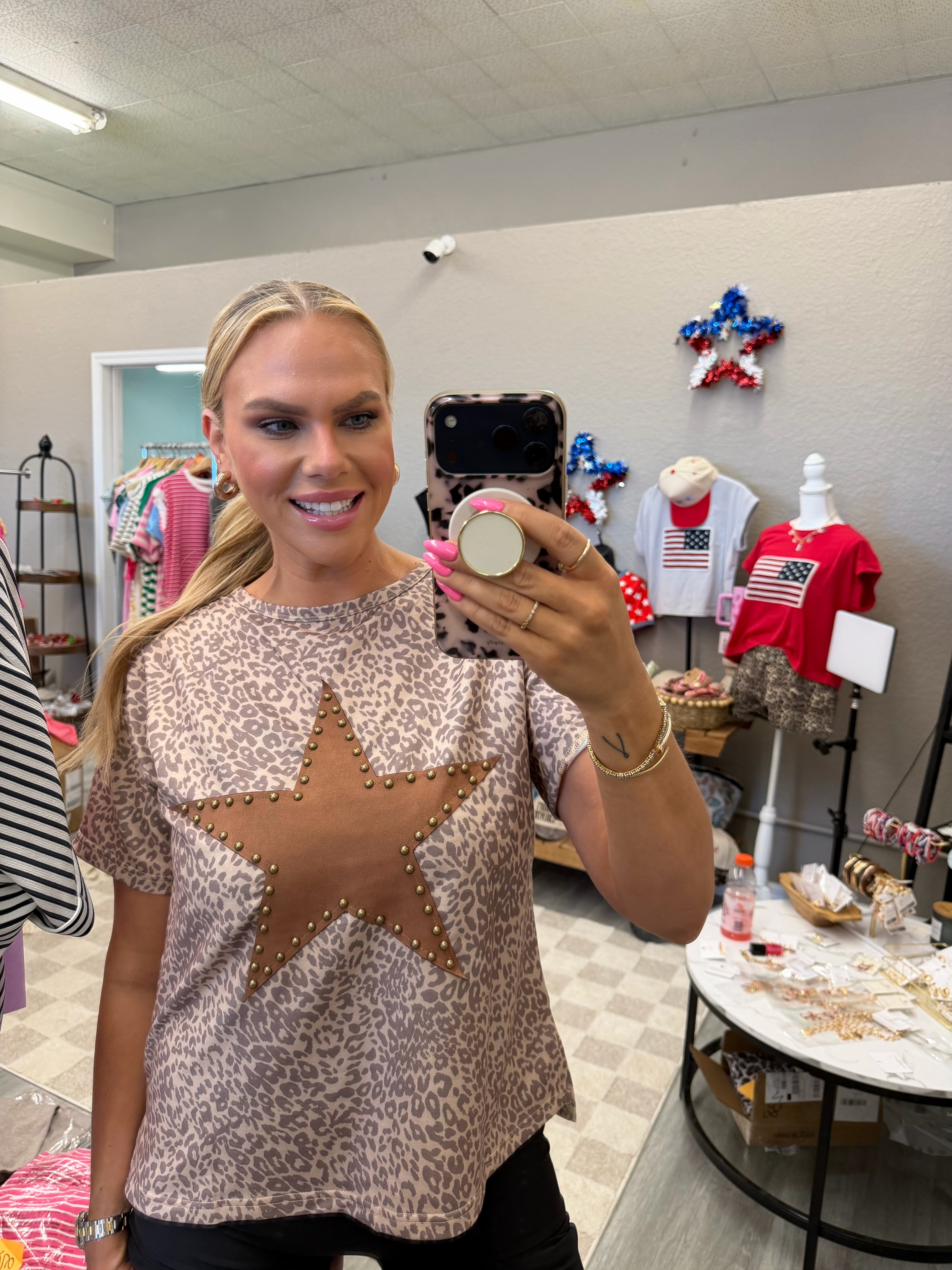LAS Leopard Retro Studded Star Patch Loose Tee (S-XL)