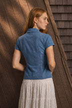 COLLARED BUTTON DOWN CINCHED WAIST DENIM TOP