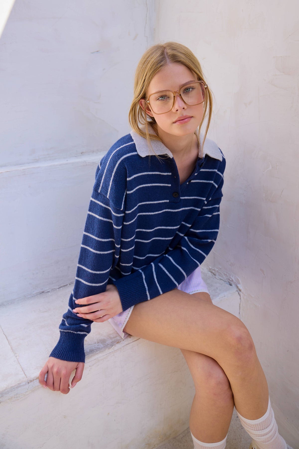 Striped Knit Polo Pullover Sweater