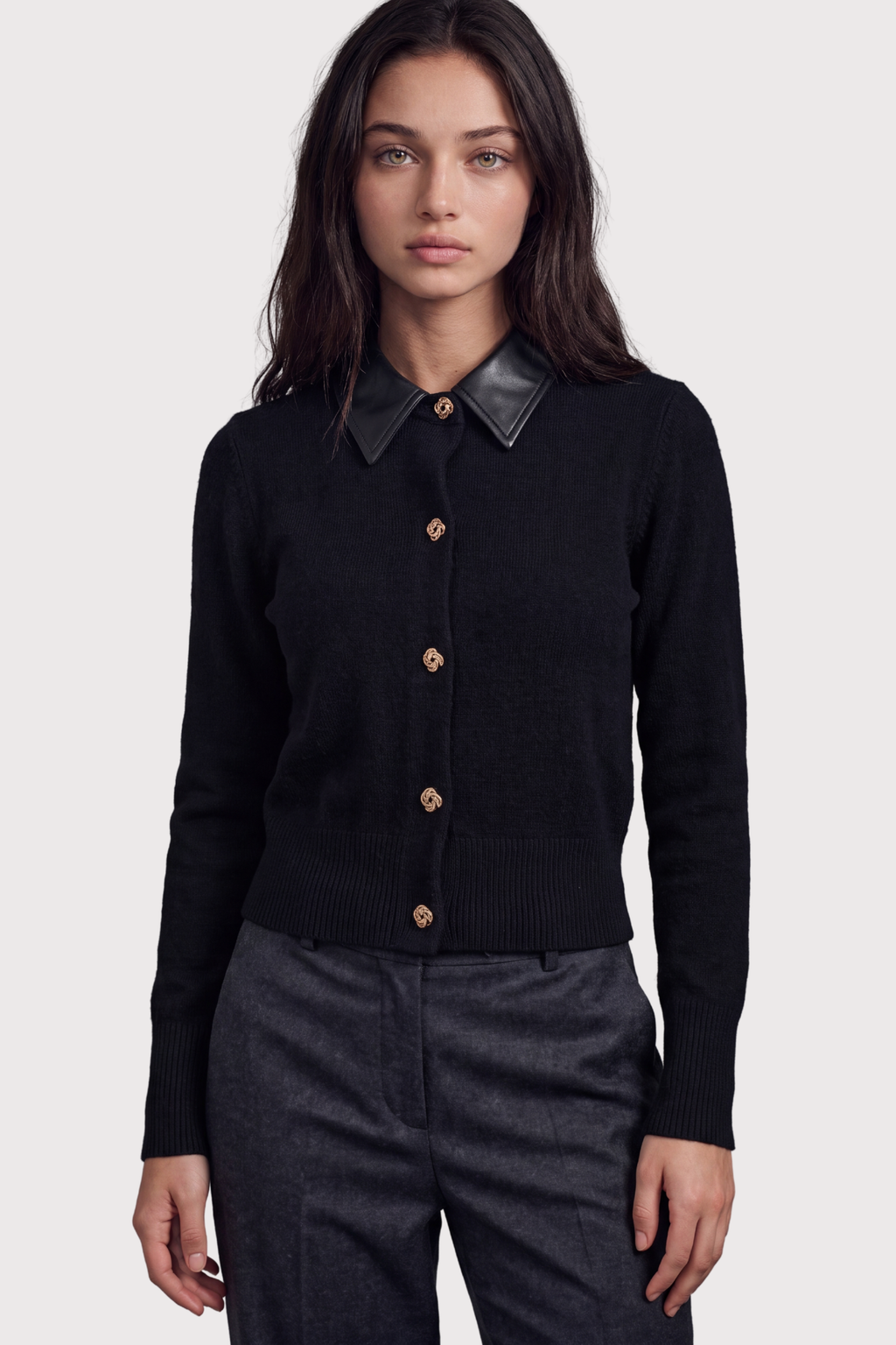 Leather collar Button down Cardigan