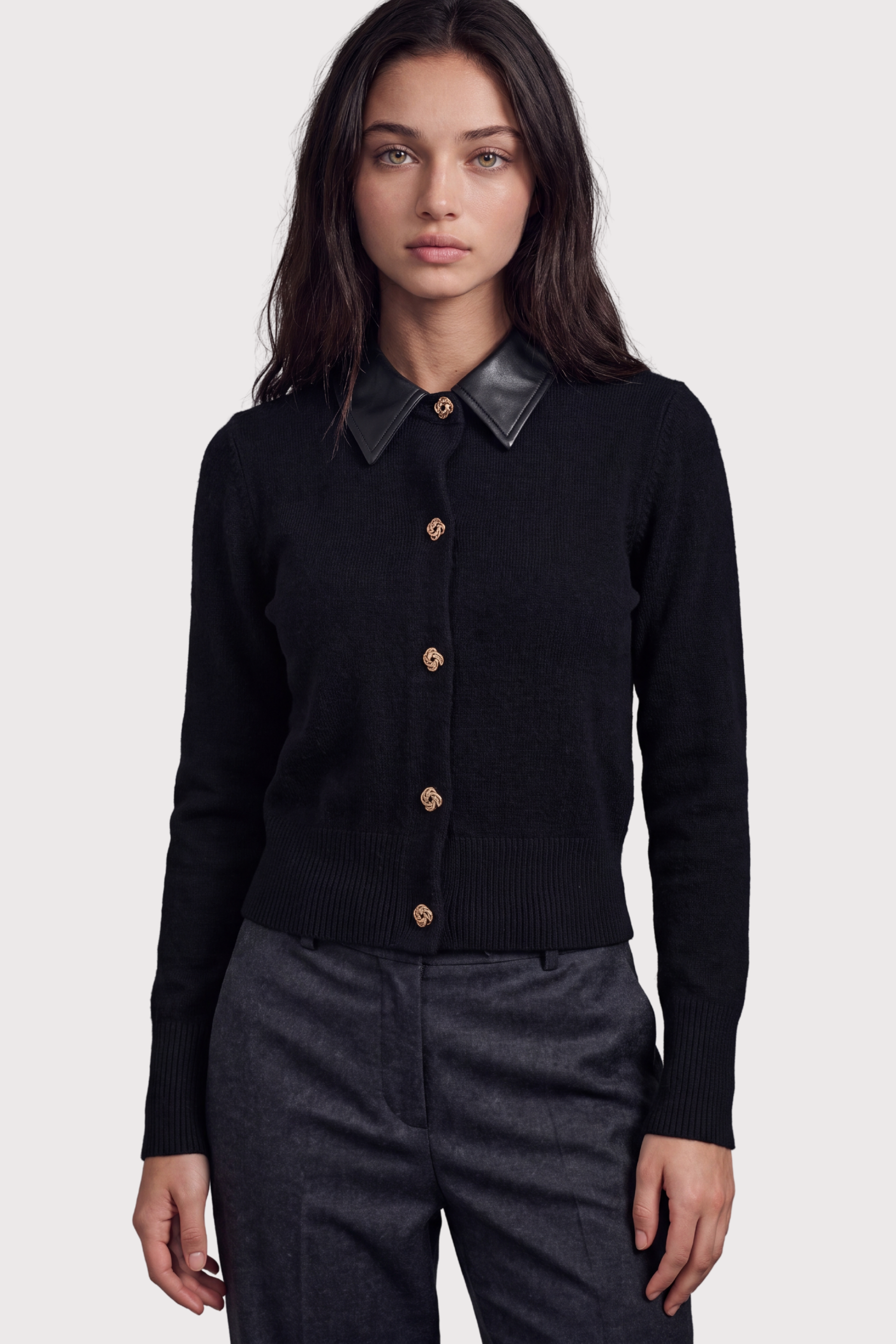 Leather collar Button down Cardigan