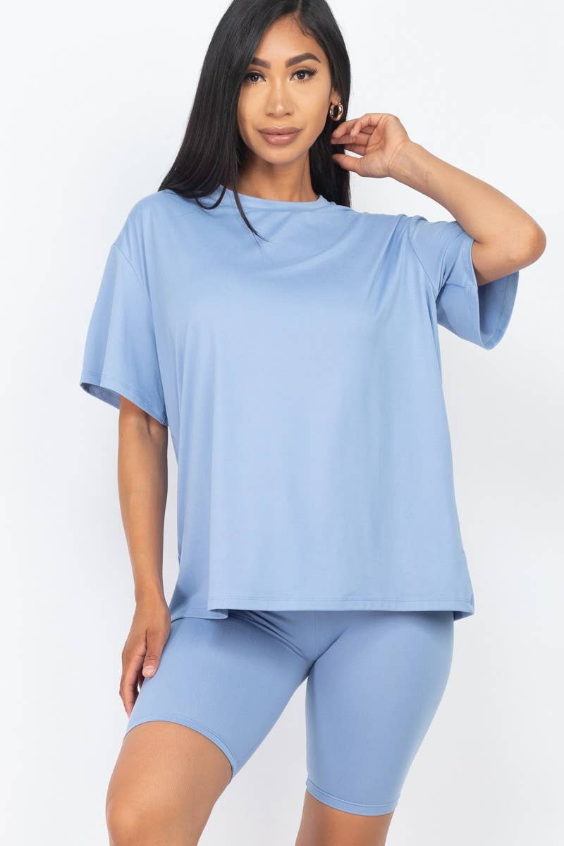 Loose Fit Top Oversize Shirts And Bike Shorts Set