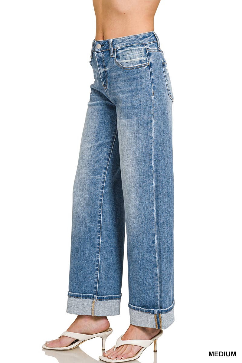 High Rise Cuffed Wide Leg Denim Pants  Zenana