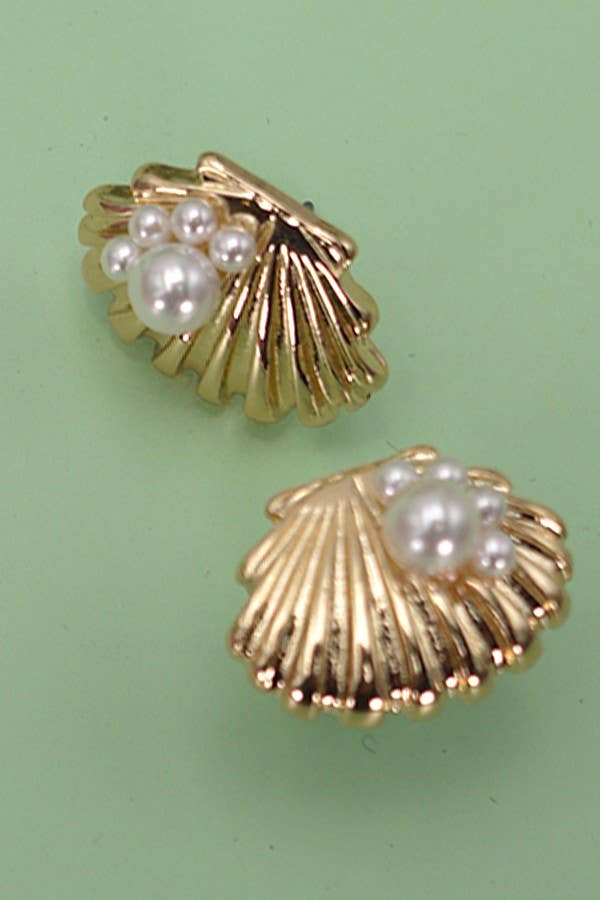 Seashell Pearl Stud Earrings