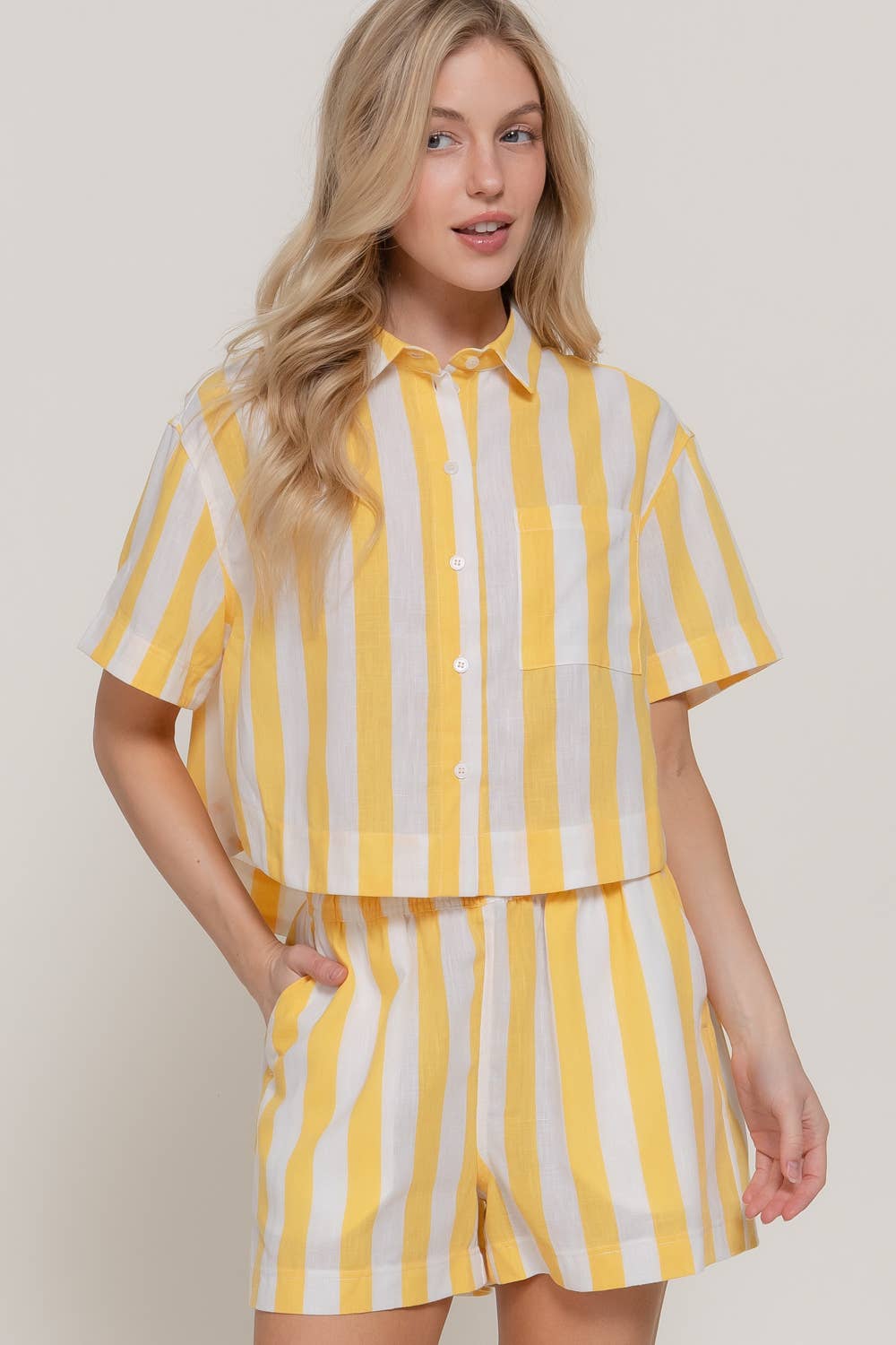 Short Sleeve Shirt & Wide Stripe Linen Effect Shorts Set