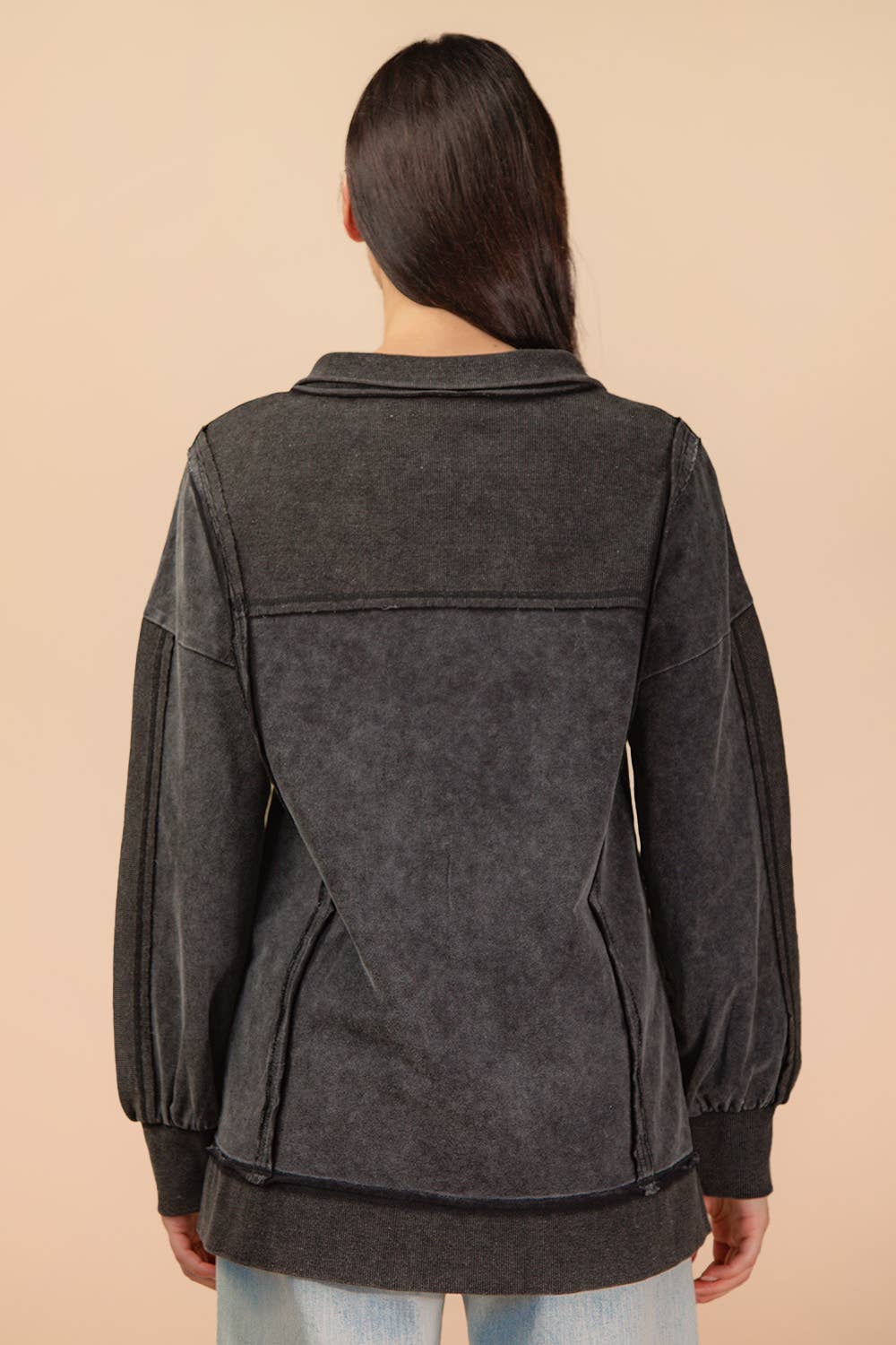 NT12365-Half Button Down Oversized Contrast Knit Top