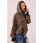 LEOPARD PRINT WAFFLE HALF ZIP UP HOODIE W POCKET