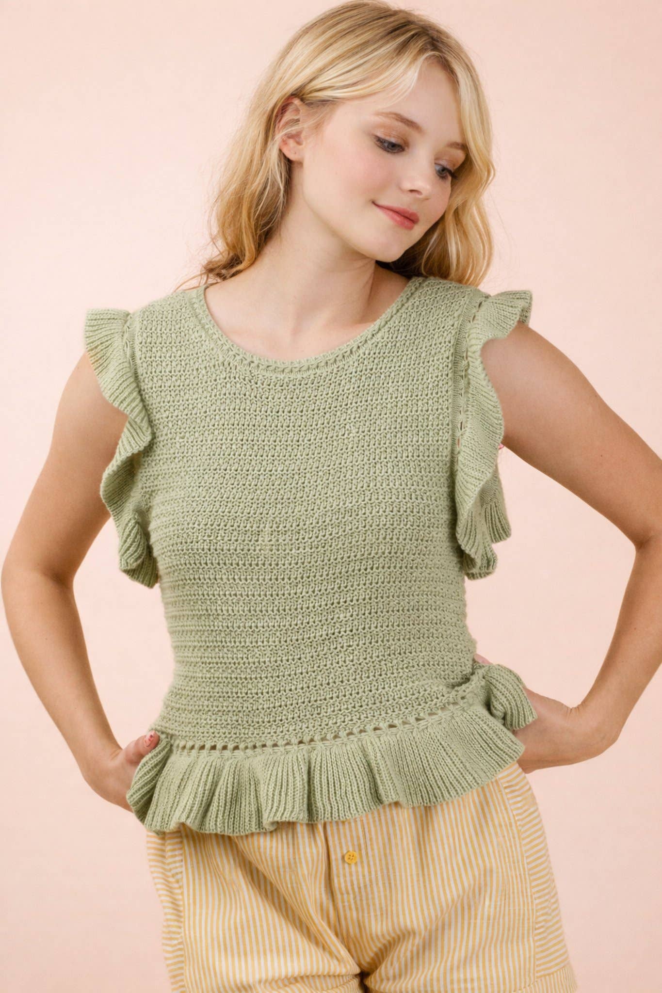 12W3640N-Ruffled Sweater Knit Top