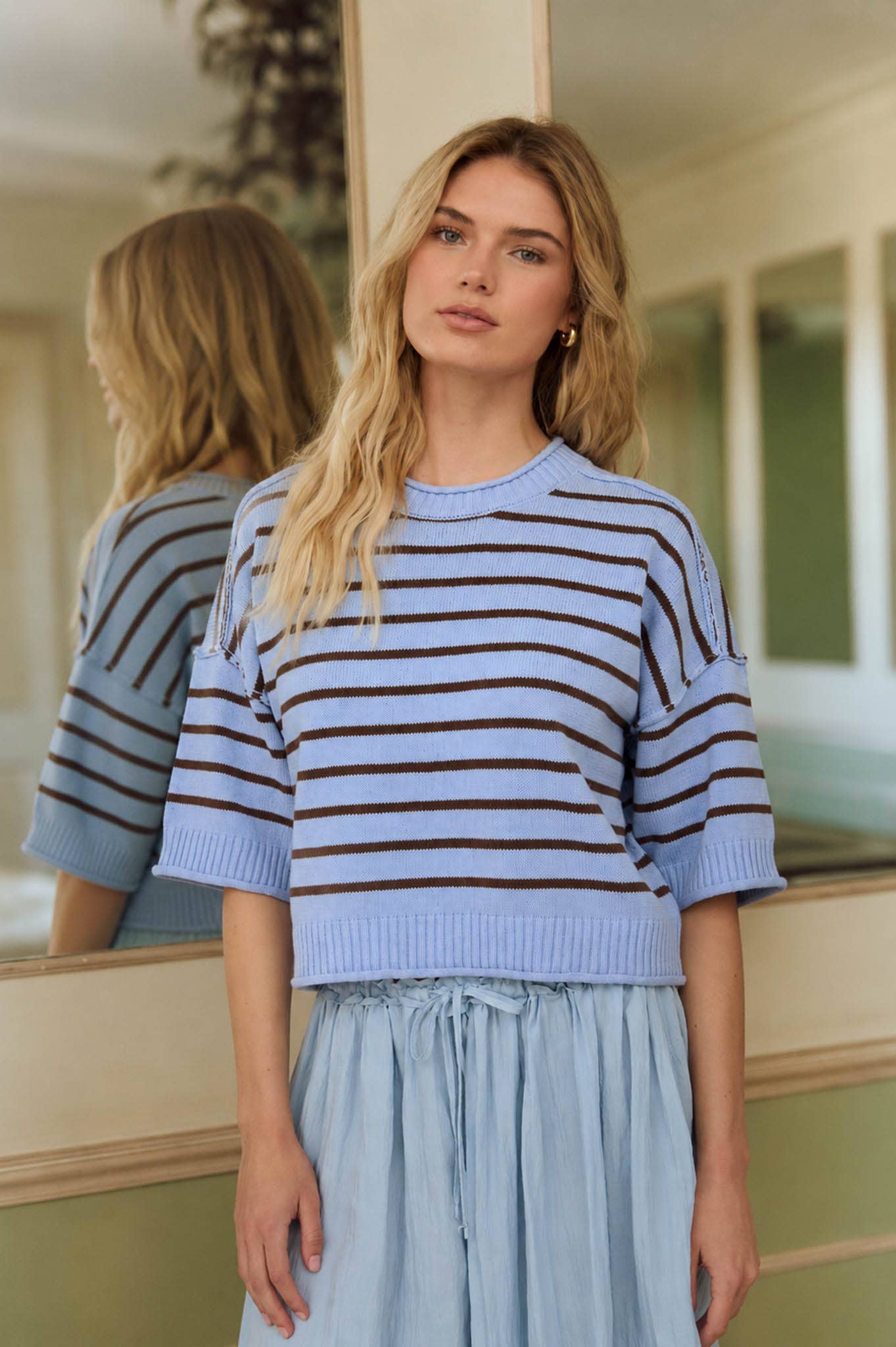 STRIPE RAW EDGE DROP SHOULDER SHORT SLEEVE SWEATER