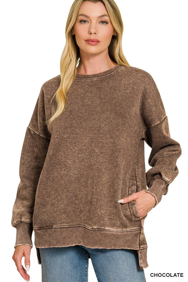 Acid Wash Fleece Hi-low Hem Pullover