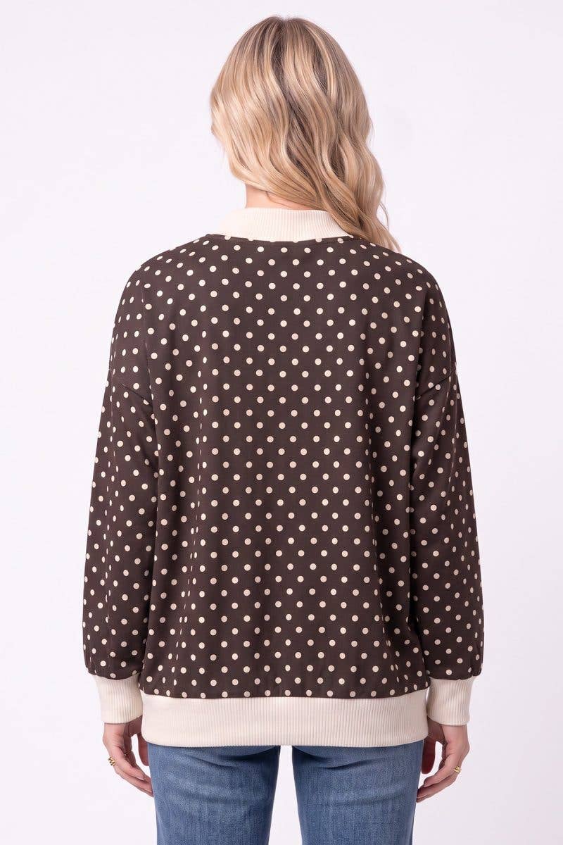 Polka Dot Ribbed Contrast Pullover Top
