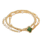 3PCS - Quatrefoil Pearl Metal Ball Beaded Stretch Bracelets