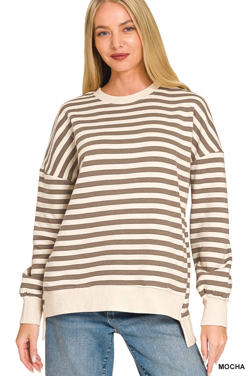 Premium Yarn Dyed Stripe Fleece Hi Low Sweatshirt w/ Pockets