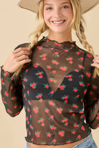 Strawberry Bow Print Long Sleeve Mesh Top