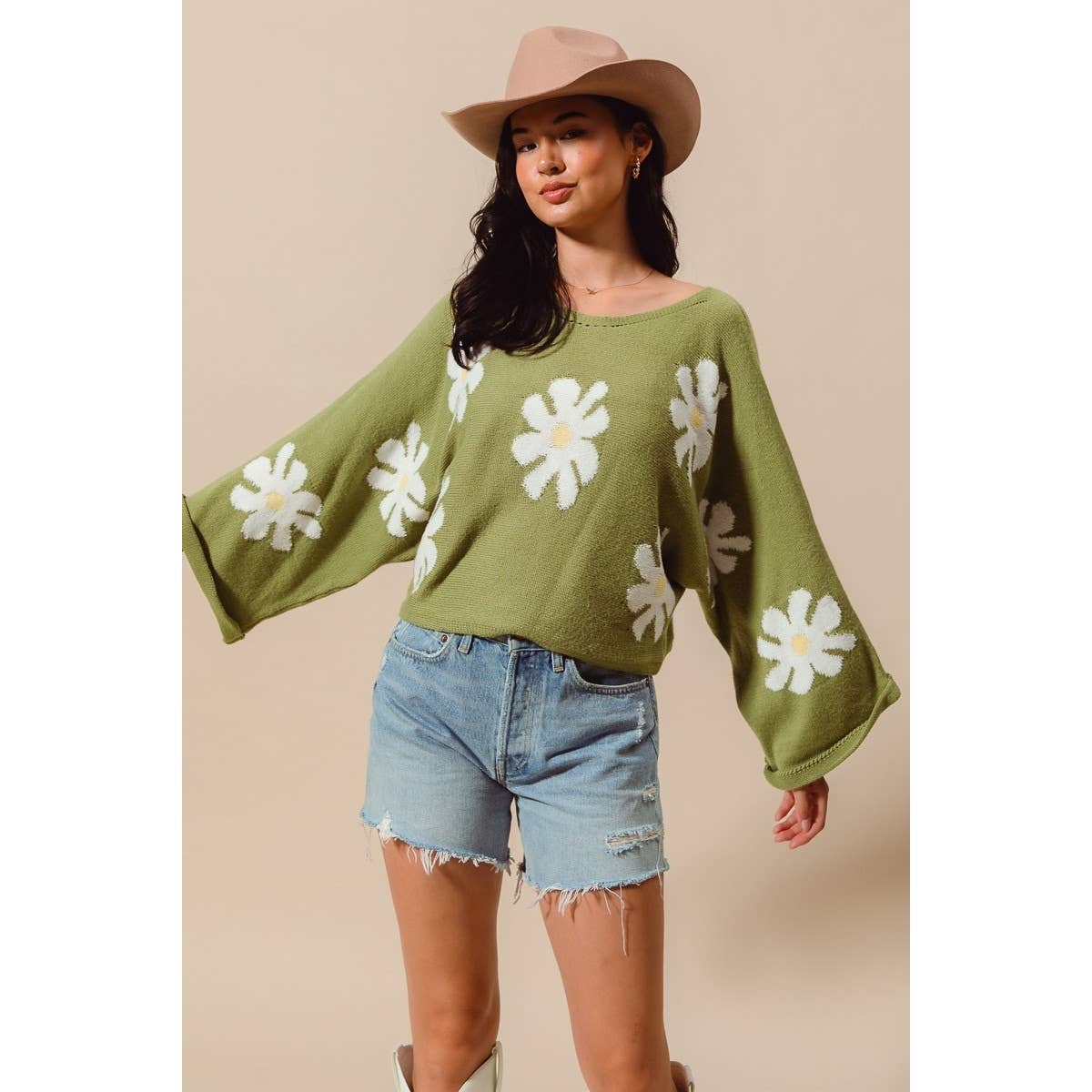 DAISY FLORAL PATTERN KNITTED SWEATER TOP