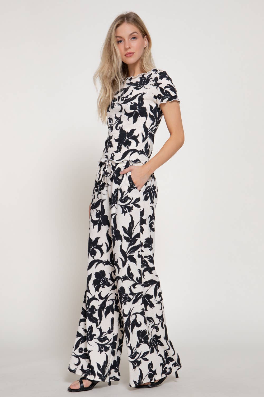 Print Texture Knit Short Sleeve Top & Waist Band Pants Set