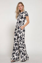 Print Texture Knit Short Sleeve Top & Waist Band Pants Set