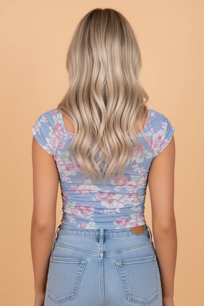 PRETTY BASH Floral Mesh Square Neck Ruched Top