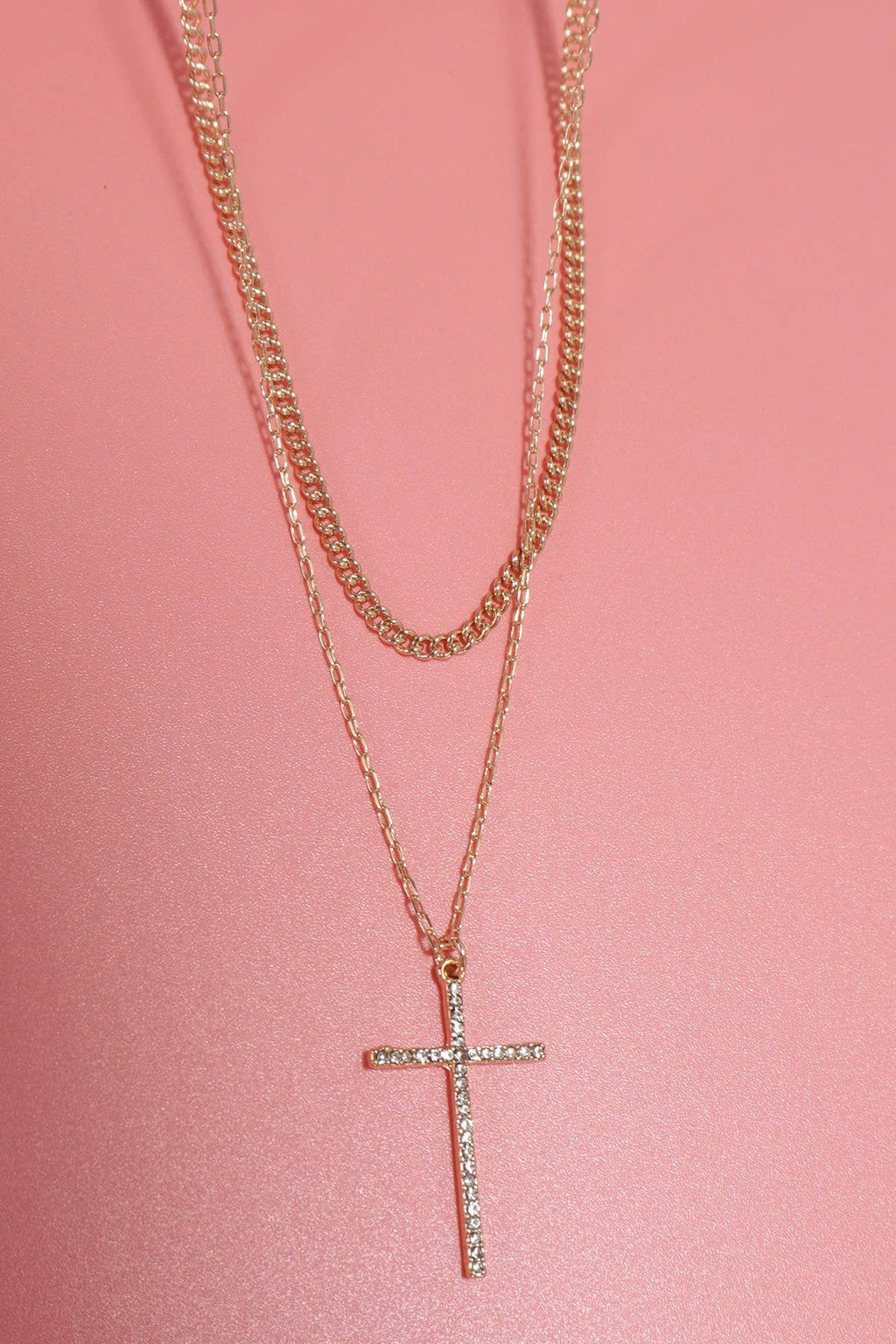 DOUBLE LAYER RHINESTONE CROSS CHARM NECKLACE | 80N1041