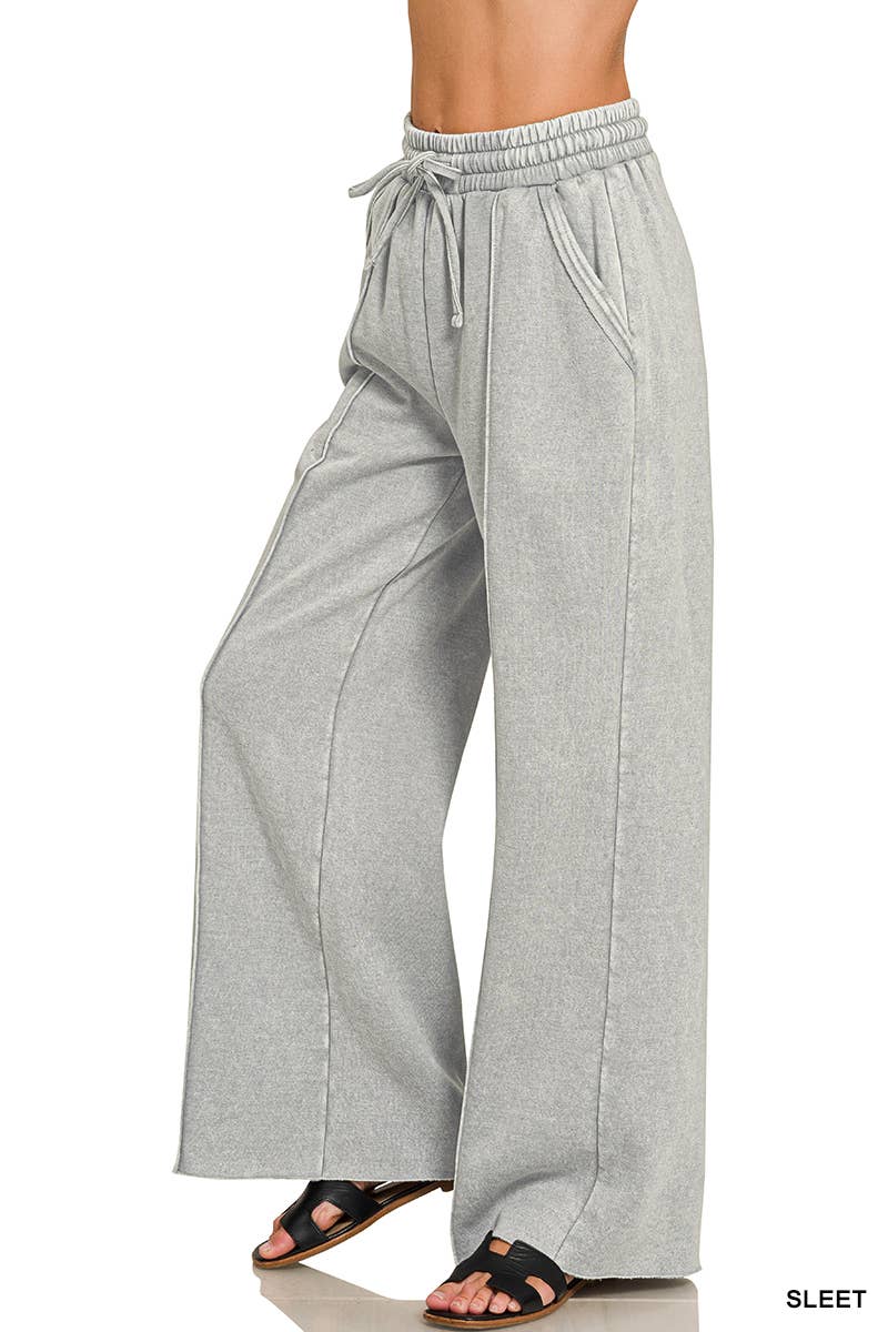 Acid Washed Fleece Pintuck Wide Leg Pants w/ Pockets