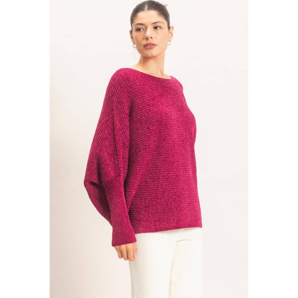 Chenille Boat Neck Dolman Sleeve Sweater