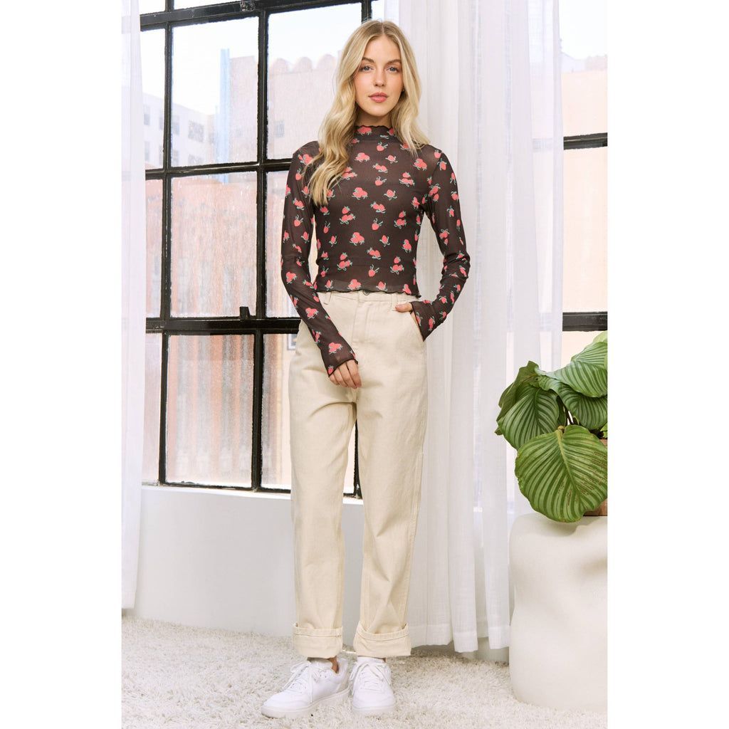 MESH STRAWBERRY PRINT HIGH NECKLINE CROP TOP