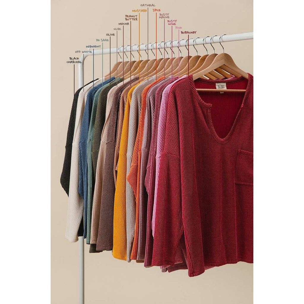 WAVY TWO TONE RIB NOTCH NECK PATCH POCKET TOP