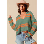 FUZZY HAIRY STRIPE DEEP U NECK SWEATER TOP