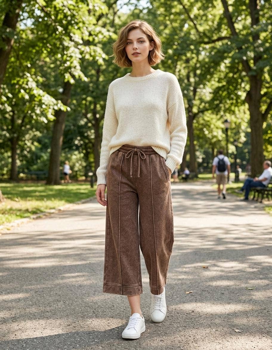 Acid Washed Fleece Pintuck Wide Leg Cropped Pants w/ Pockets