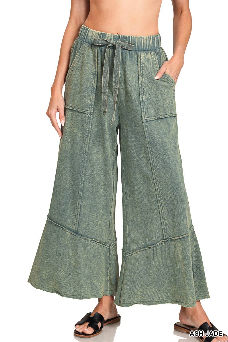 `Acid Washed Flare Hem Pants With Pockets Zenana