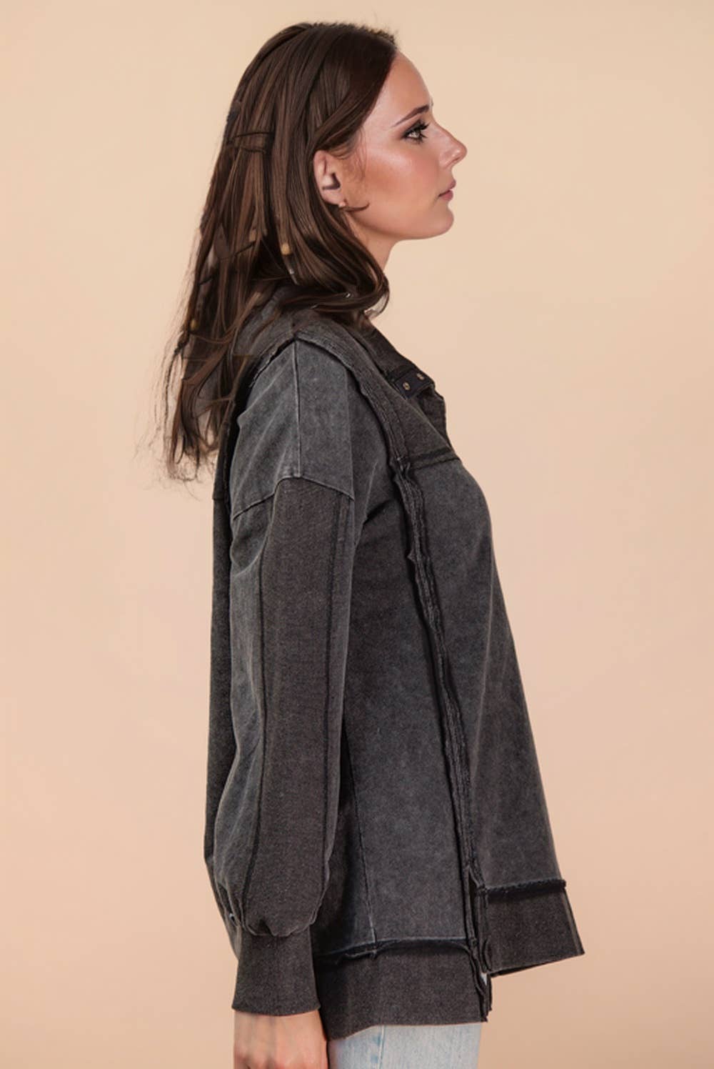 NT12365-Half Button Down Oversized Contrast Knit Top