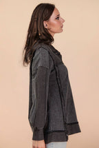 NT12365-Half Button Down Oversized Contrast Knit Top
