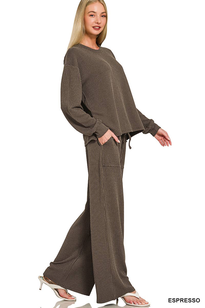 Raised Rib Round Neck Pullover & Pants 2PC Set