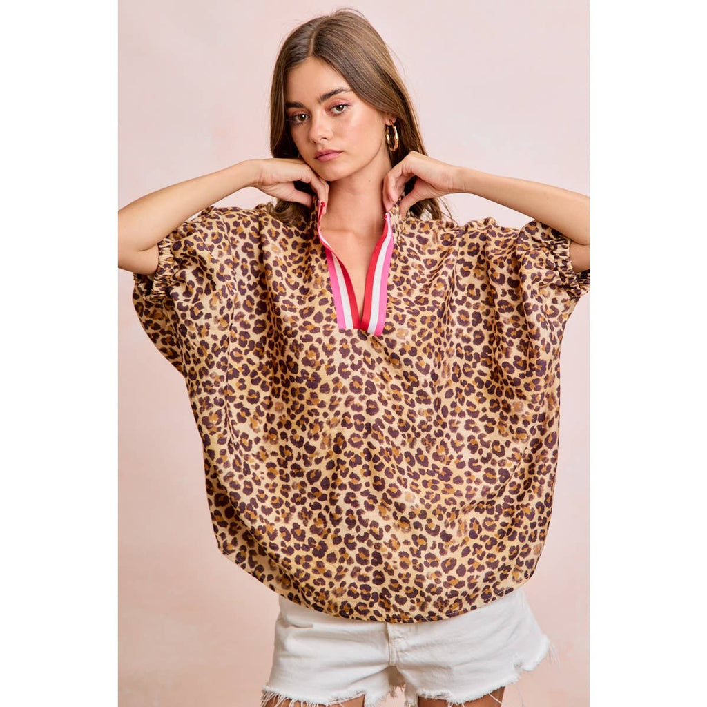 LEOPARD CONTRAST BANDED DOLMAN SLEEVES BLOUSE TOP