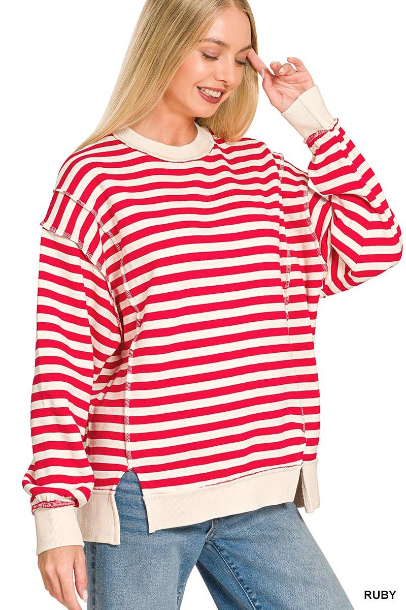 Premium Yarn Dyed Striped Fleece Exposed-seam Sweatshirts