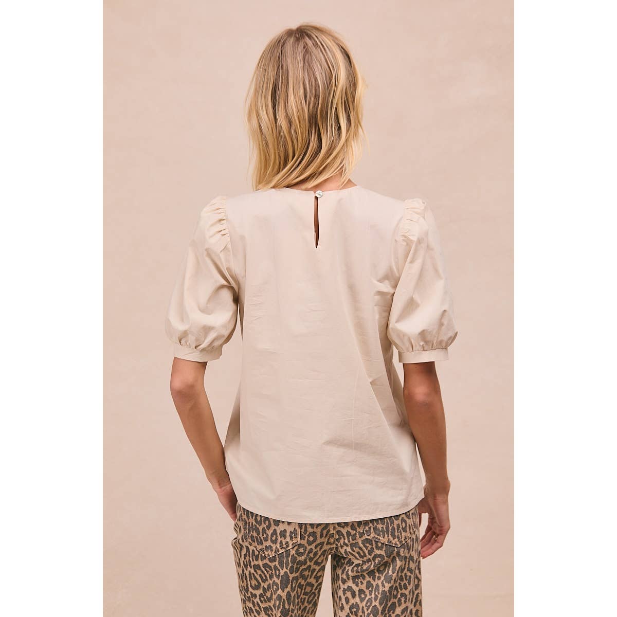 SOLID WOVEN LEOPARD MESH BOW PATCHED PUFF SLEEVES TOP-BACK K