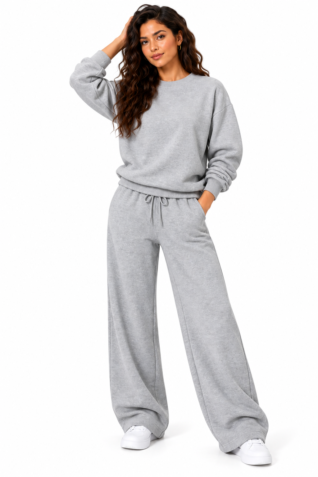Fleece lined sweat shirt with wide leg loungewear 2 pcs set
