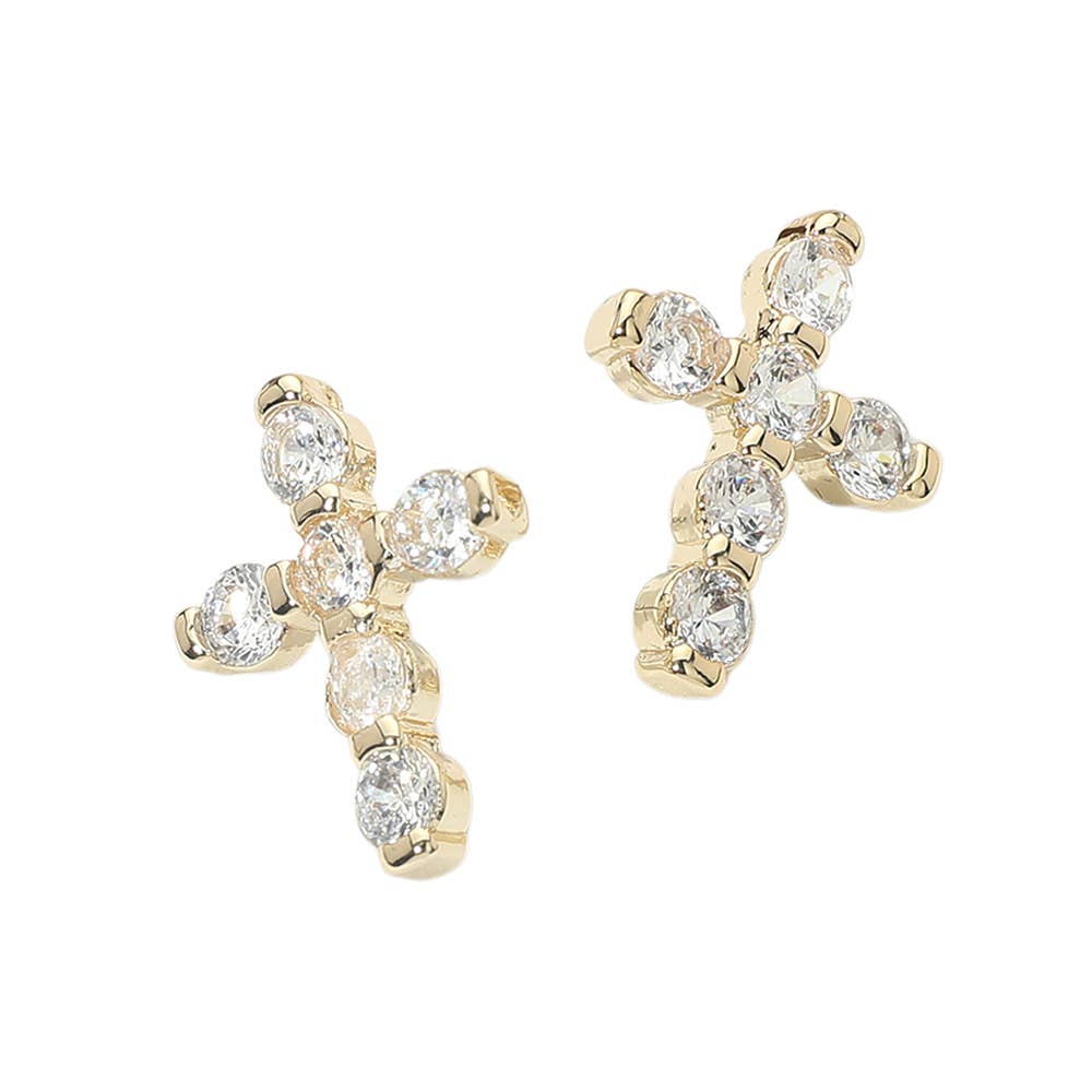 14K Gold Plated CZ Cross Stud Earrings