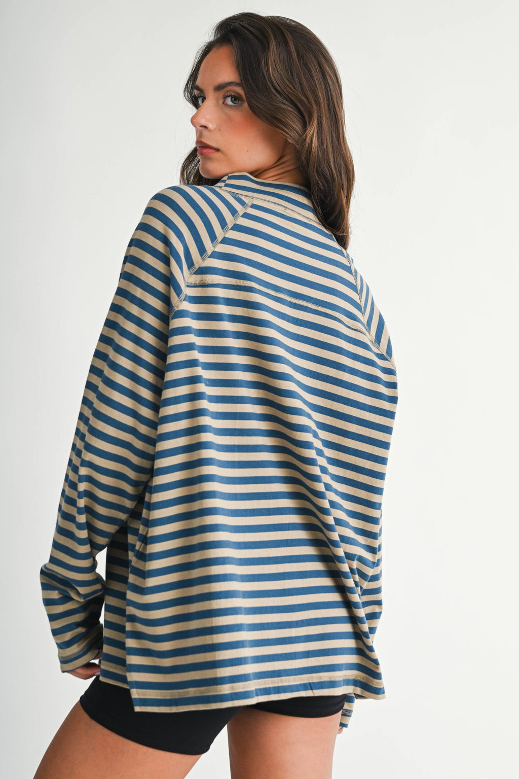 8645IN Mock Neck Yarn-Dyed Striped Oversized Long Sleeve Tee