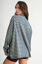 8645IN Mock Neck Yarn-Dyed Striped Oversized Long Sleeve Tee
