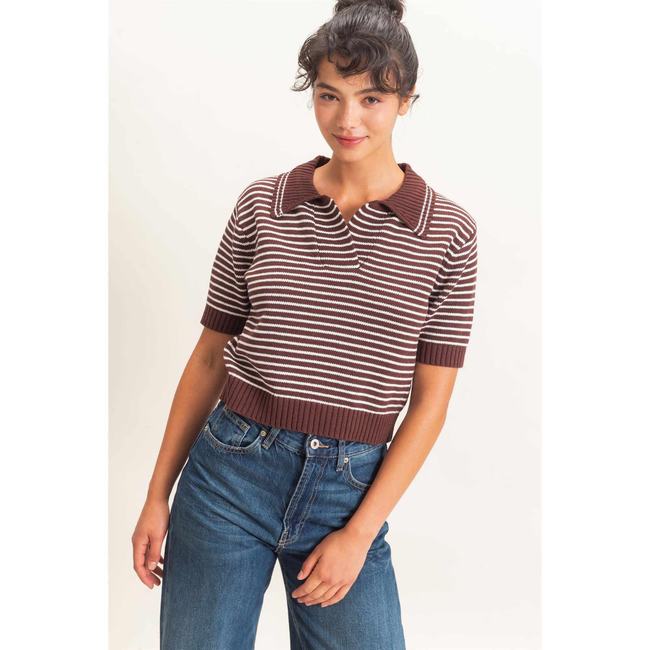 Striped Short Sleeve Collar Knit Top