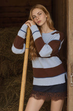 WIDE STRIPE TEXTURED KNIT CONTRAST KNIT CARDIGAN