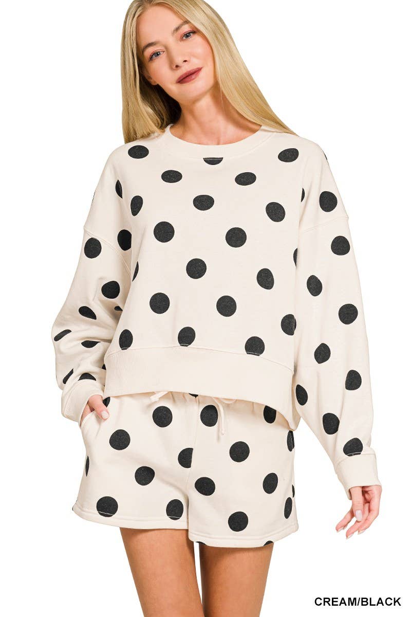 Fleece Polka Dot Print Round Neck Pullover And Shorts Set