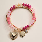 Beaded Heart Charm Stretch Bracelet Set | 3-Piece Layered Stack with Gold Accents