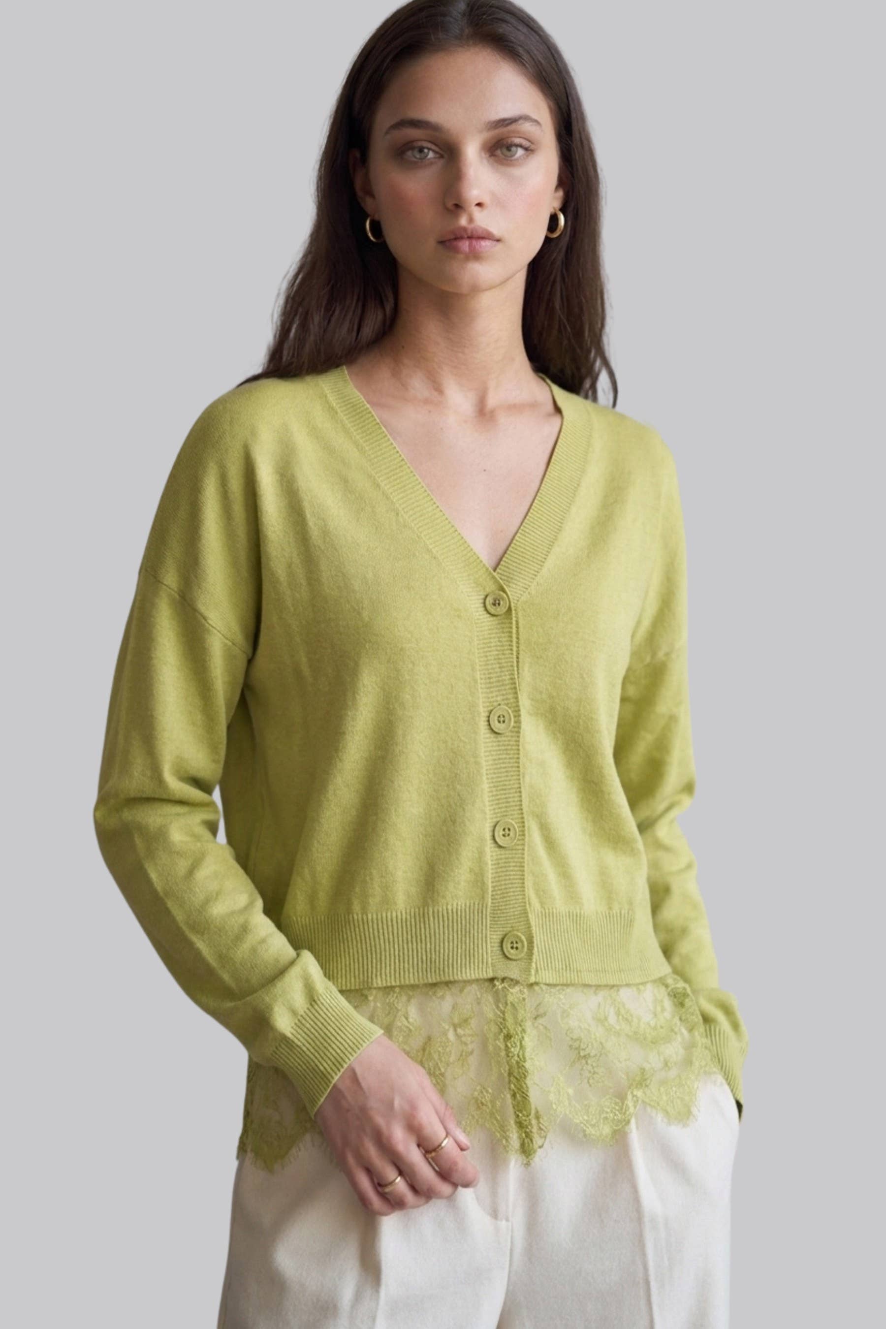Lace-trimmed V-neck Cardigan