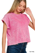 Halo Washed Cotton Cuffed Short Sleeve Top
