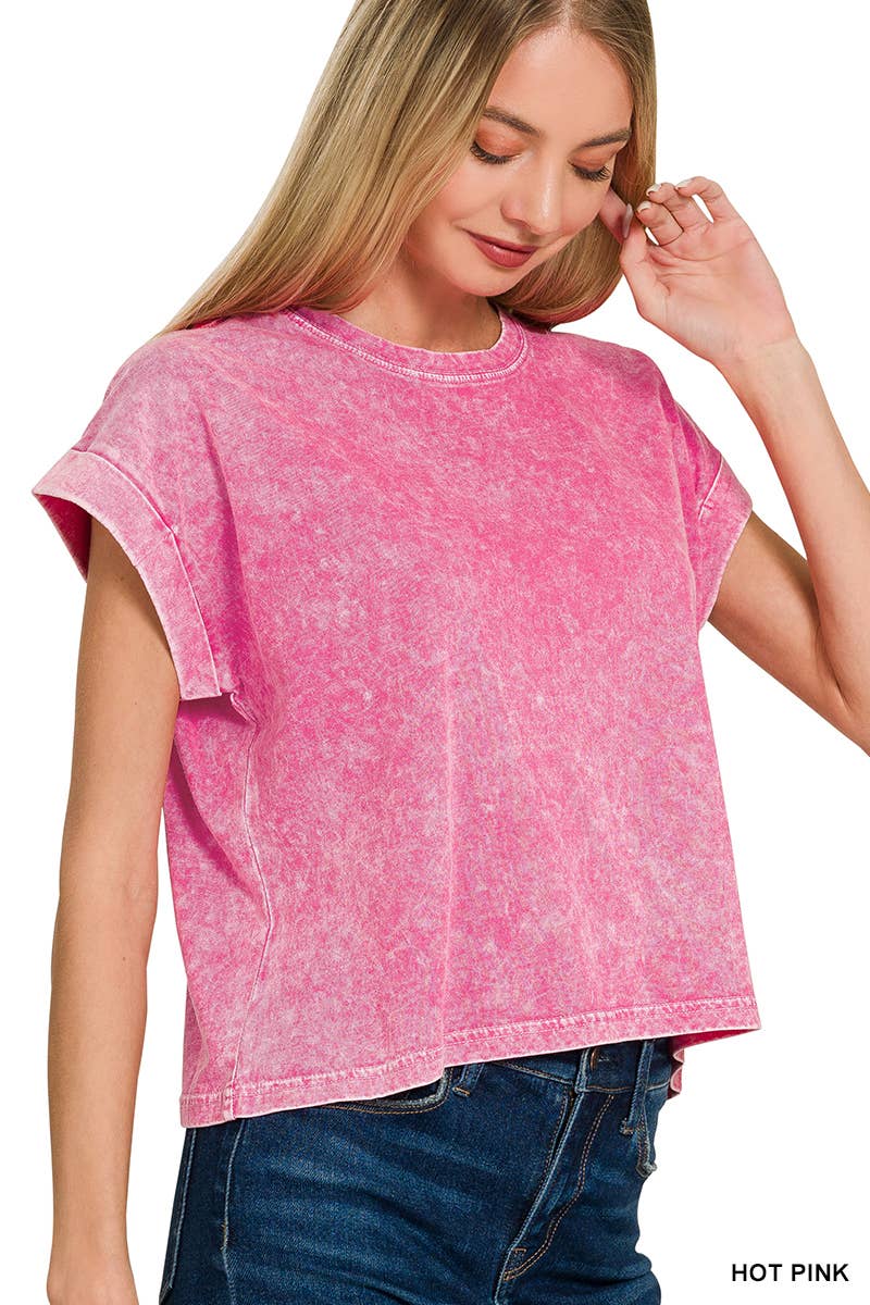 Halo Washed Cotton Cuffed Short Sleeve Top